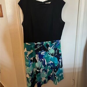 Sandra Darren Black and Teal Floral Midi Dress